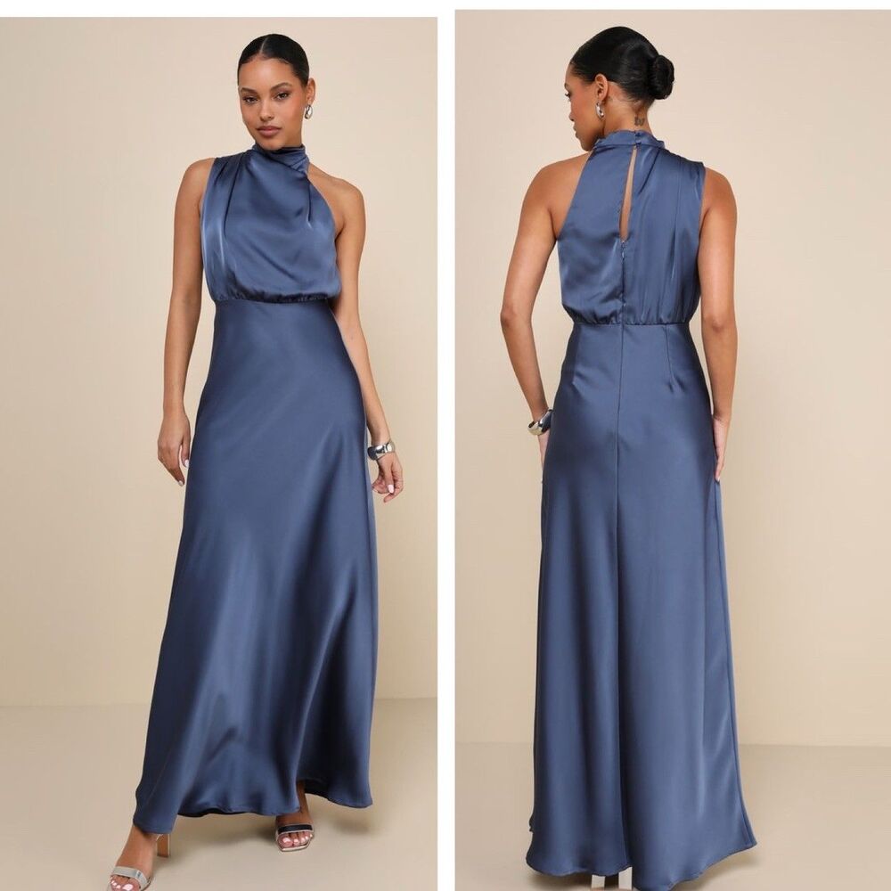 Lulu's Satin High-Neck Maxi Dress in Steel Blue